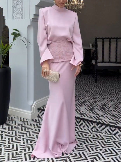Elegant Satin Top & Embroidered Waistband Skirt Two-Piece Set