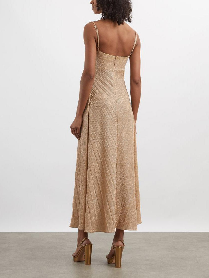 Sexy Shimmer Spaghetti Strap Pleated Midi Dress