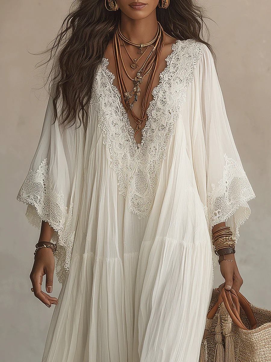 Elegant Batwing Sleeve Lace Flowy Maxi Dress