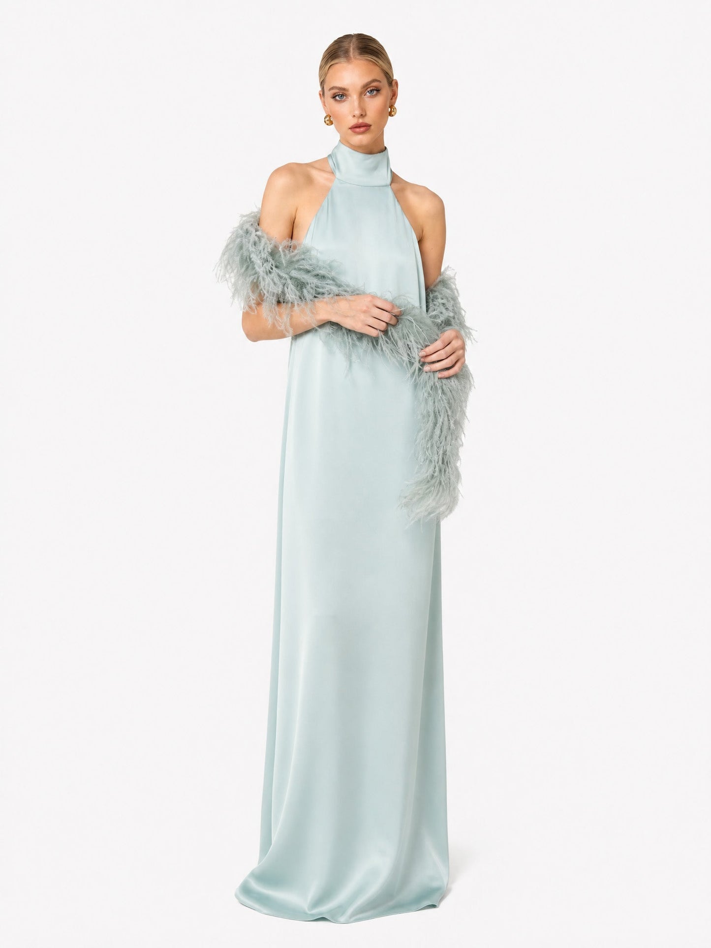 Elegant Satin Halter Feather-Trim Maxi Dress