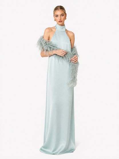 Elegant Satin Halter Feather-Trim Maxi Dress