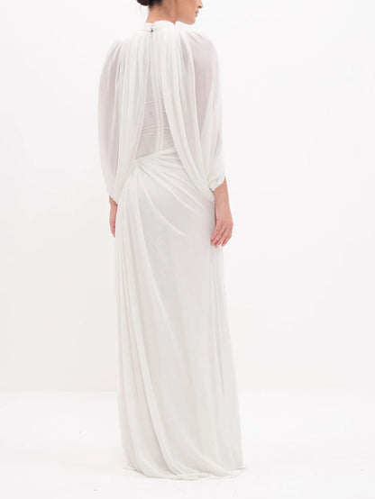 Elegant Draped Cape Sleeve Pleated Maxi Dress