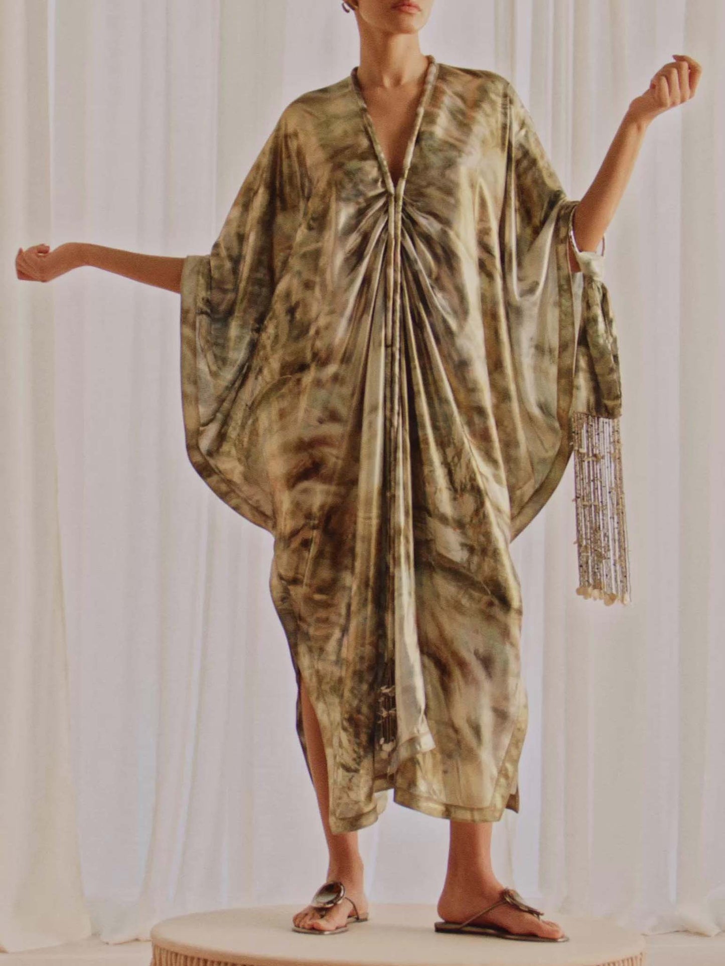 Elegant Tie-Dye Glossy Satin Kaftan Maxi Dress