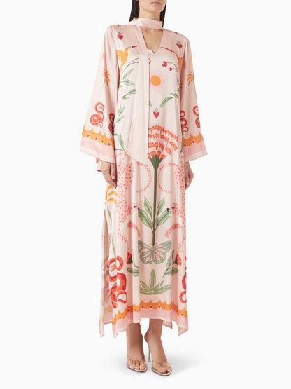 Azure Dream Printed Tie Neck Maxi Dress