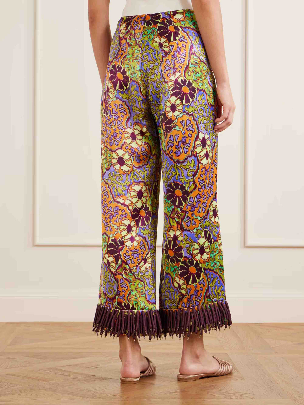 Exquisite Retro Floral Print Tassel Top & Wide-Leg Pants Two-Piece Set