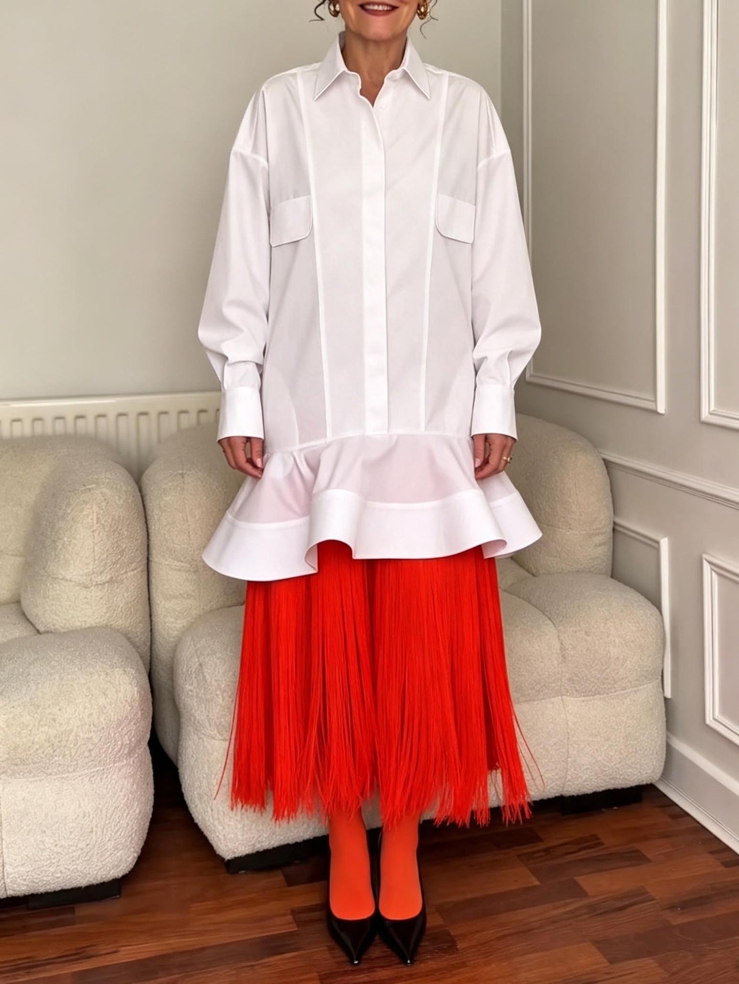 Elegant Ruffle Hem Fringe Shirt Dress