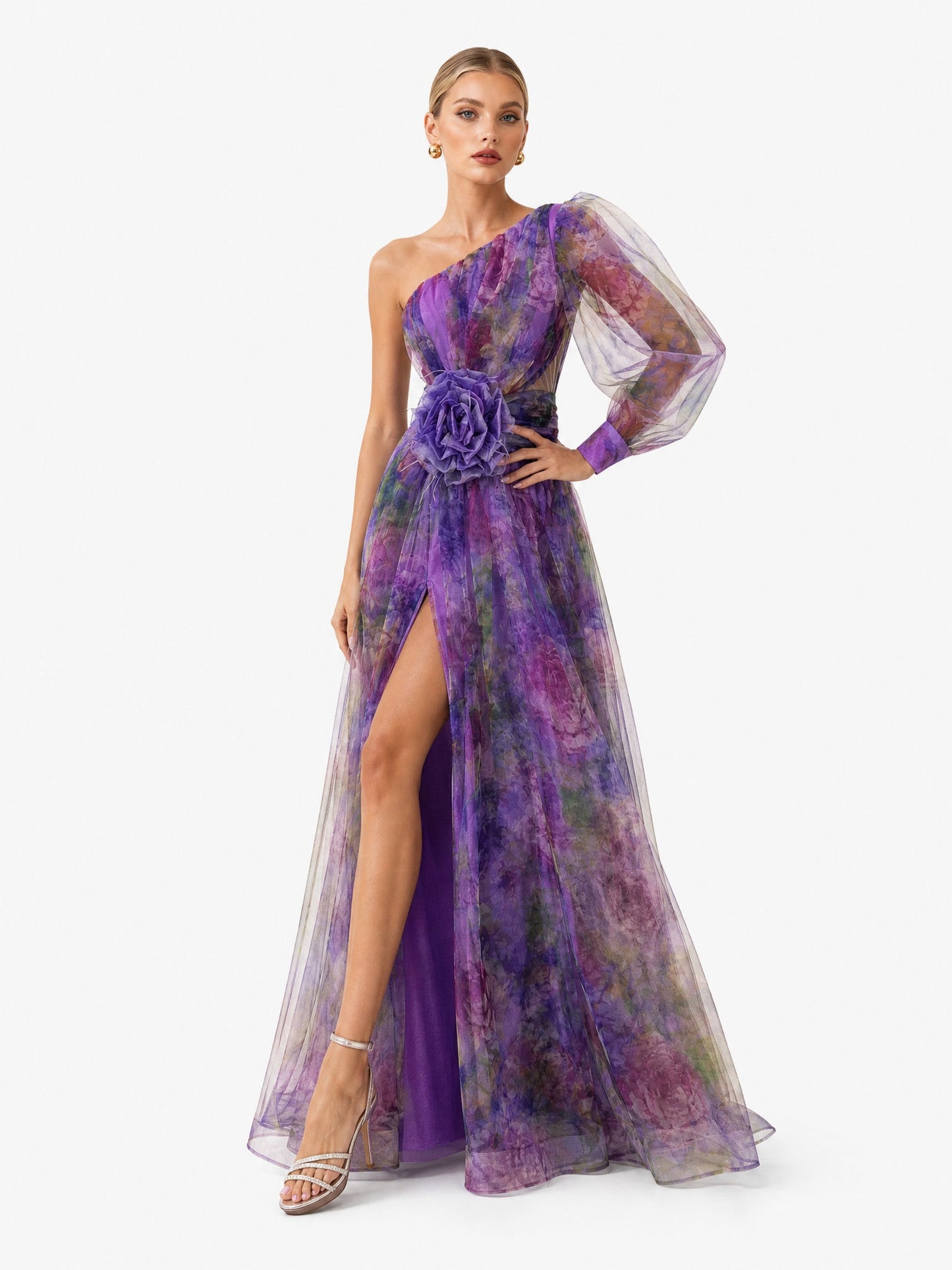 Elegant Floral Print Ruched One-Shoulder Sheer Maxi Dress