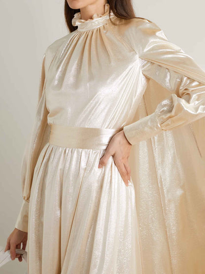 Elegant Glossy Satin Cape Sleeve Maxi Dress