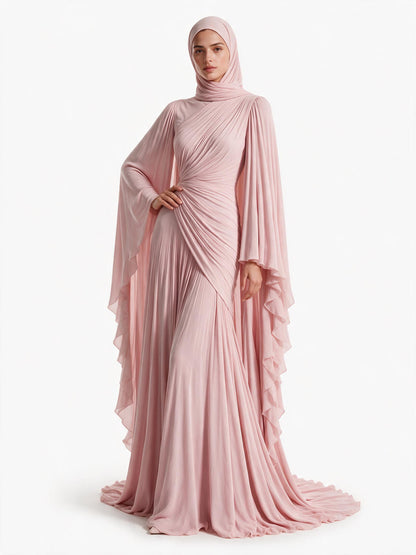 Elegant Pleated High-Neck Cape Sleeve Chiffon Maxi Dress