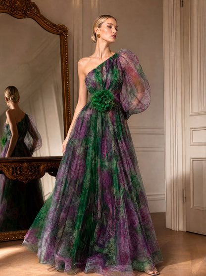 Elegant Floral Print Ruched One-Shoulder Sheer Maxi Dress