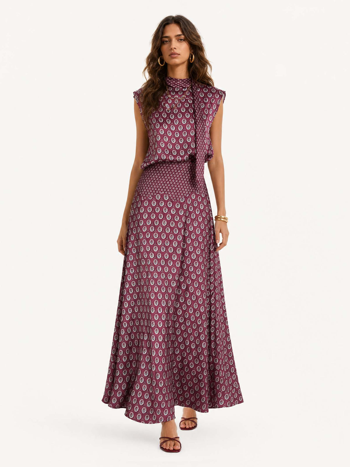 Retro Print Scarf Neck Top & Flowing Maxi Skirt Two-Piece Set