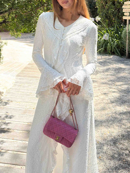 Elegant Ruffle Trim Long Sleeve Maxi Dress
