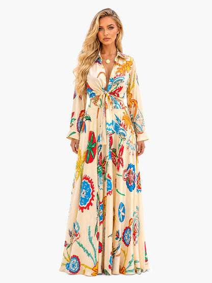 Retro Colorful Floral Print Tie-Front Shirt & Maxi Skirt Two-Piece Set