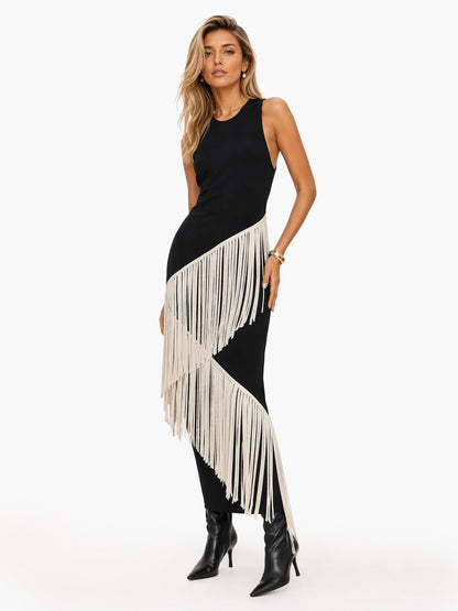 Elegant Asymmetrical Fringe Trim Bodycon Maxi Dress