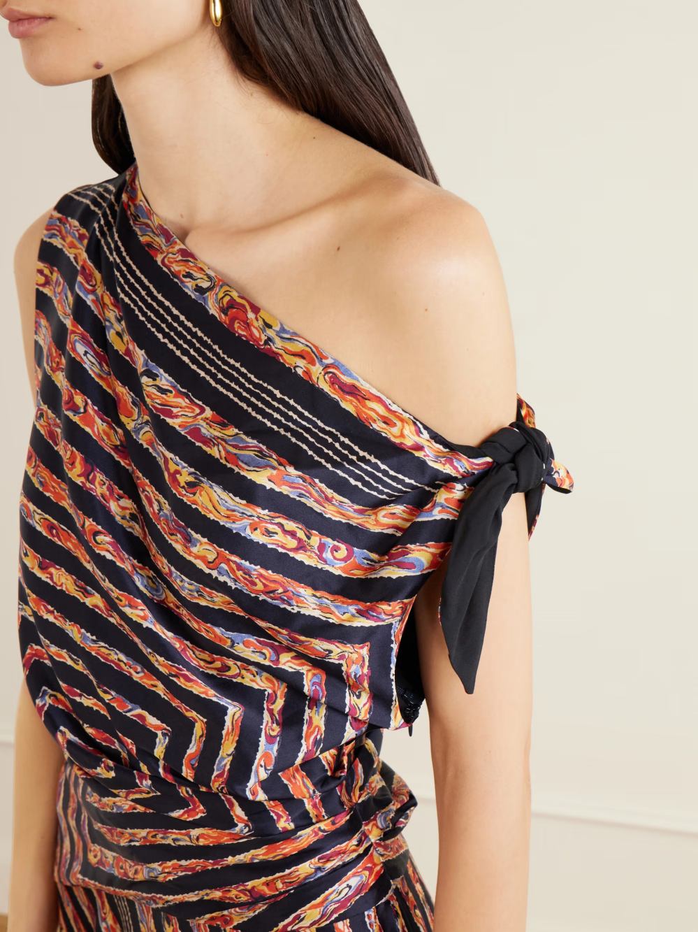 Asymmetric Off‑Shoulder Geometric Print Satin Midi Dress
