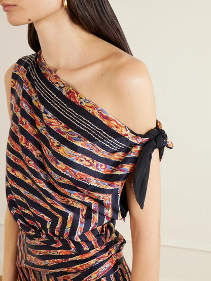 Asymmetric Off‑Shoulder Geometric Print Satin Midi Dress