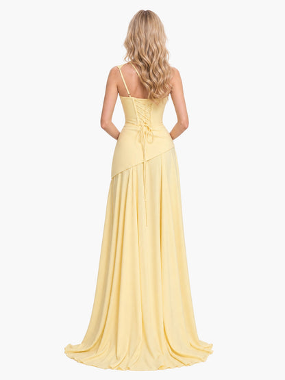 Elegant One-Shoulder Ruched Chiffon Tie-Waist Maxi Dress