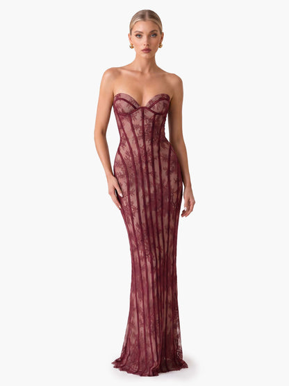 Elegant Strapless Lace Corset Maxi Dress