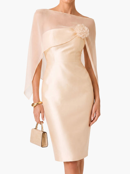 Asymmetrical One-Shoulder Sheer Shawl Satin Midi Dress