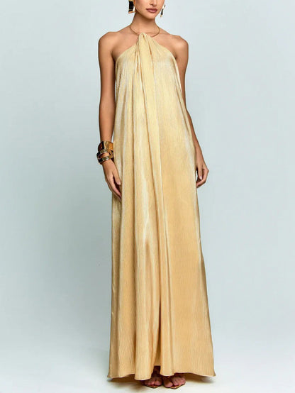 Elegant Halter Metallic Pleated Maxi Dress
