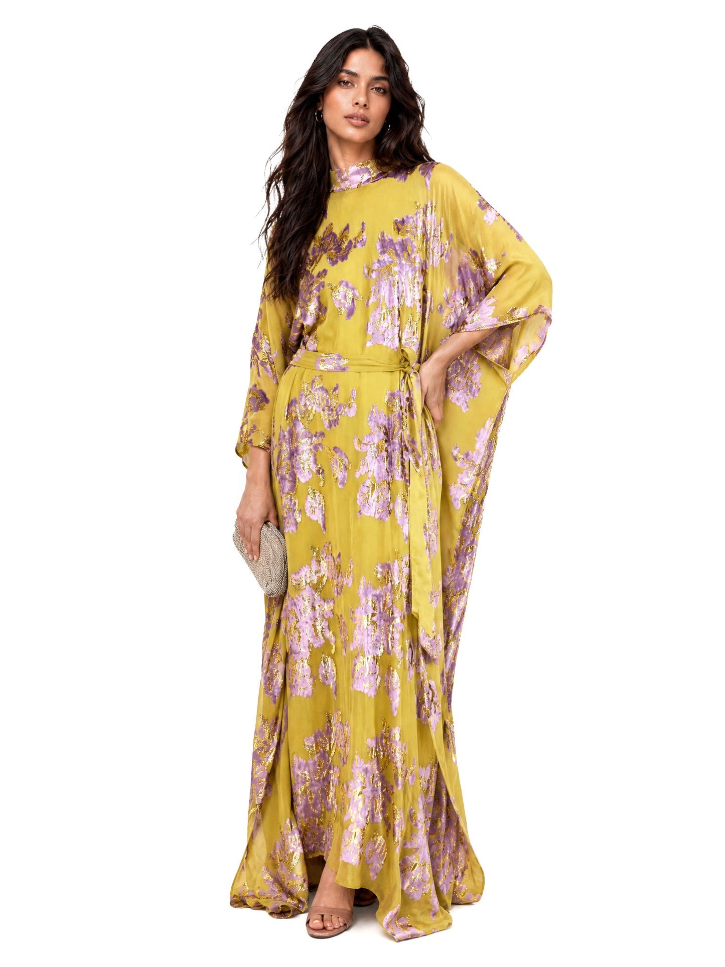 Elegant High Neck Flocked Floral Tie-Waist Kaftan Dress