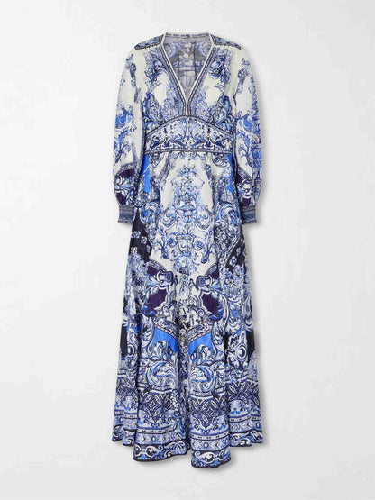 Elegant Porcelain Print Maxi Dress