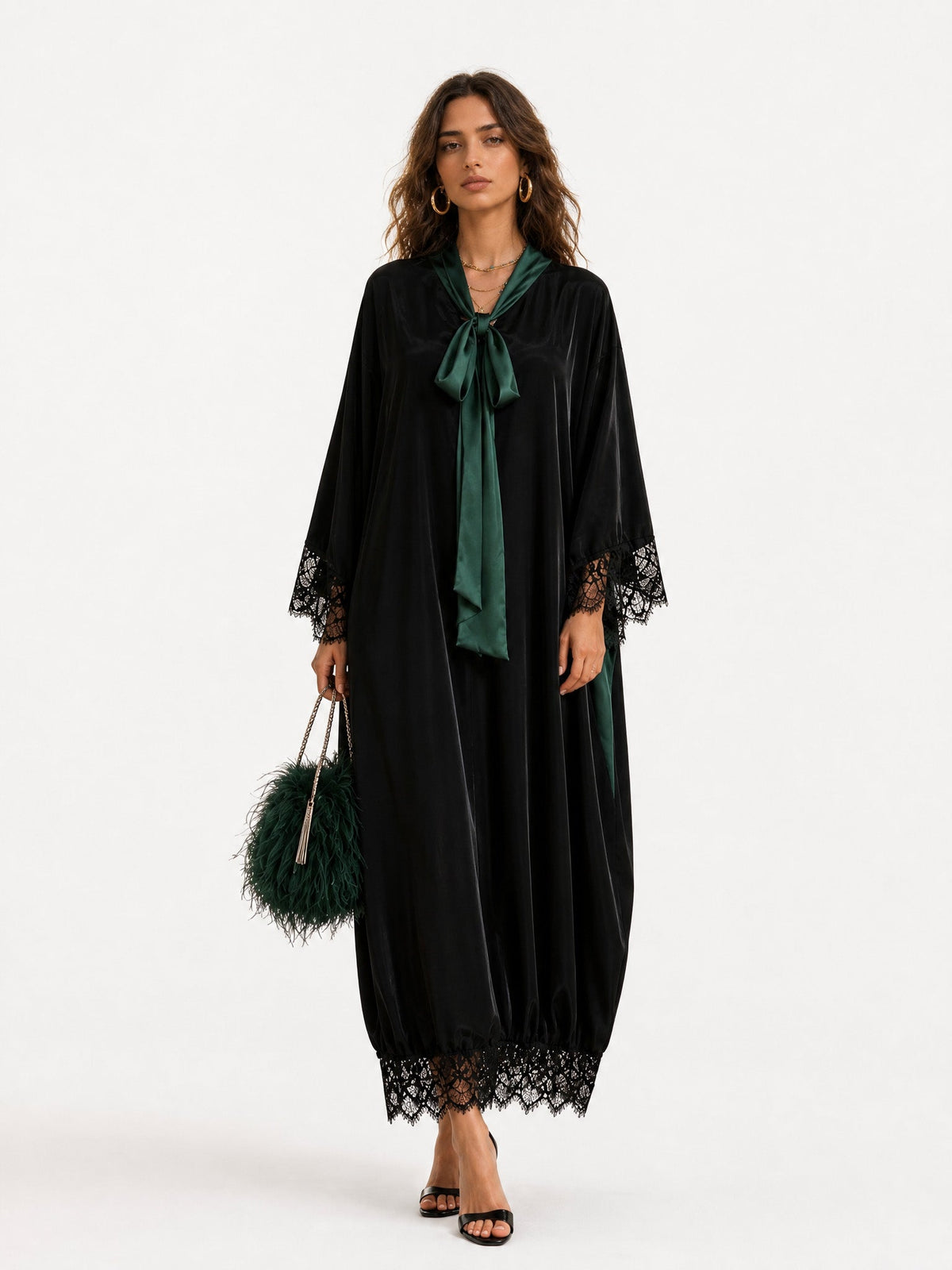 Elegant Color-Block Reversible Satin Lace-Trim Maxi Dress