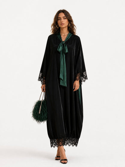 Elegant Color-Block Reversible Satin Lace-Trim Maxi Dress