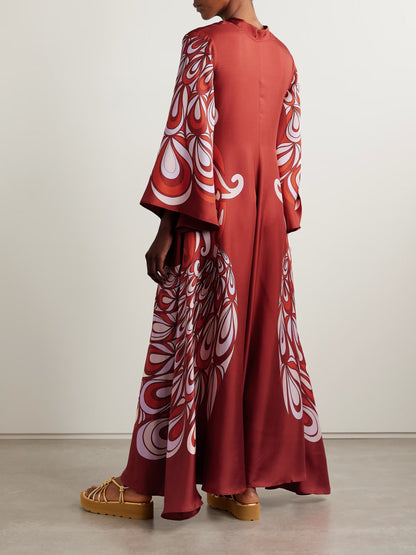 Unique Abstract Peacock Floral Print Flare Sleeve Maxi Dress