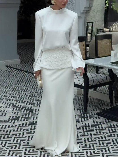 Elegant Satin Top & Embroidered Waistband Skirt Two-Piece Set