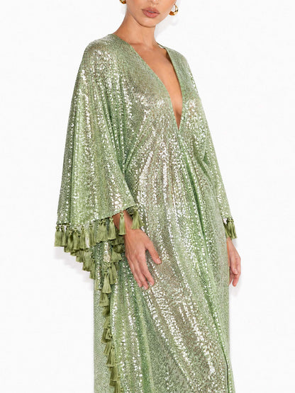 Sequin Deep V-Neck Fringe Kaftan Maxi Dress