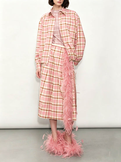 Classic Plaid Loose Shirt & Feather-Trim Skirt Two-Piece Set