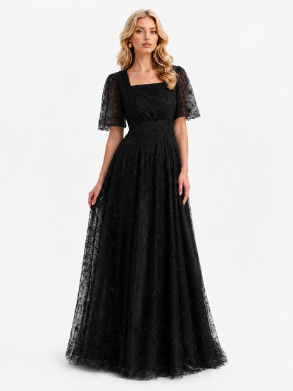 Elegant Square Neck Sheer Tulle Floral Embroidered Maxi Dress