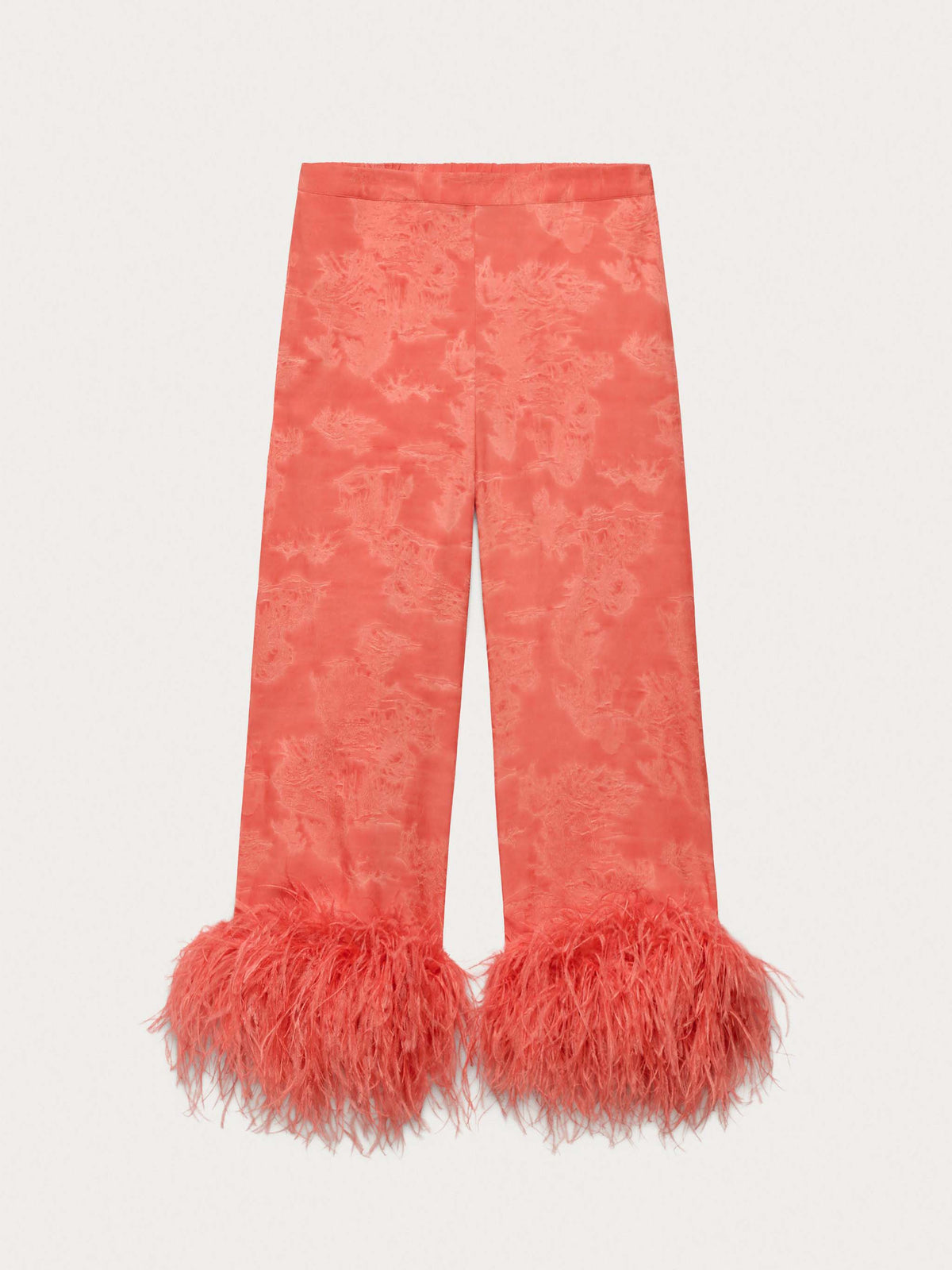 Elegant Feather Trim Jacquard Wrap Blouse & Pants Two-Piece Set