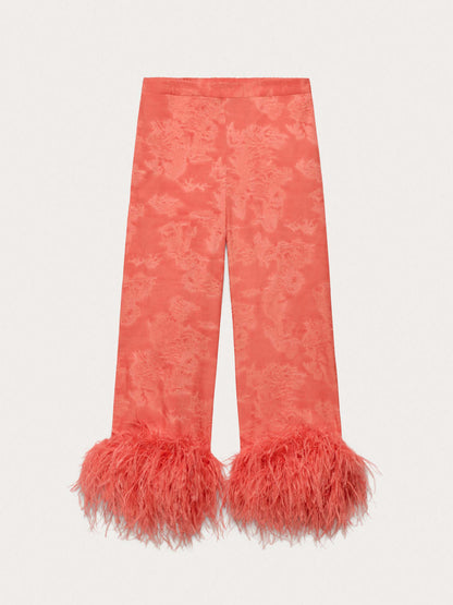 Elegant Feather Trim Jacquard Wrap Blouse & Pants Two-Piece Set