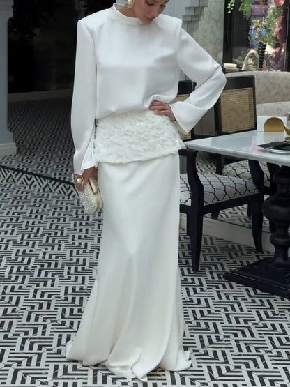 Elegant Satin Top & Embroidered Waistband Skirt Two-Piece Set
