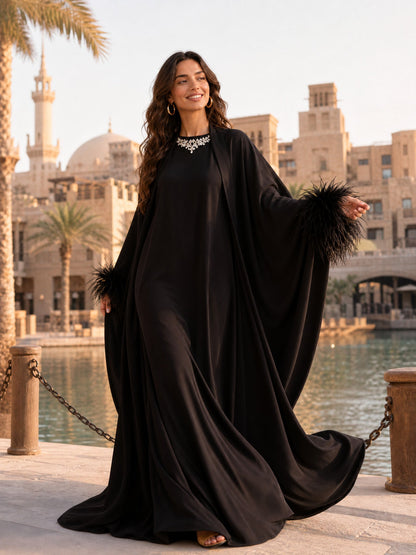 Elegant Feather-Trim Long Cardigan & Maxi Dress Set