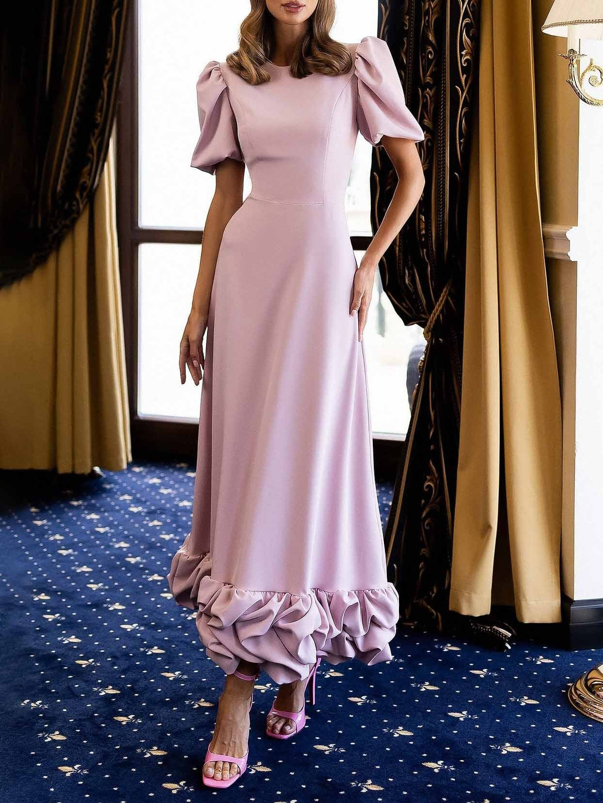 Elegant Puff Sleeve Ruffle Hem Maxi Dress