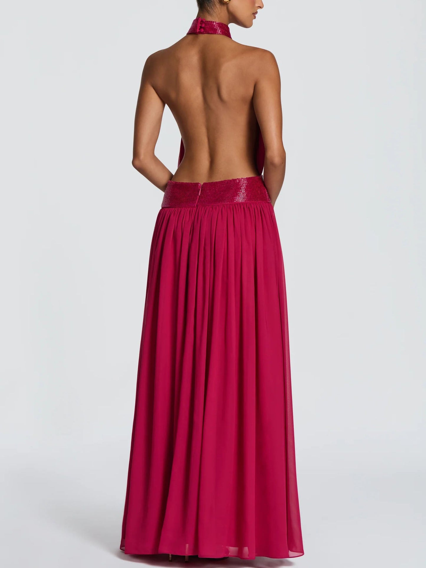 Elegant Halter Neck Sequin Chiffon Maxi Dress