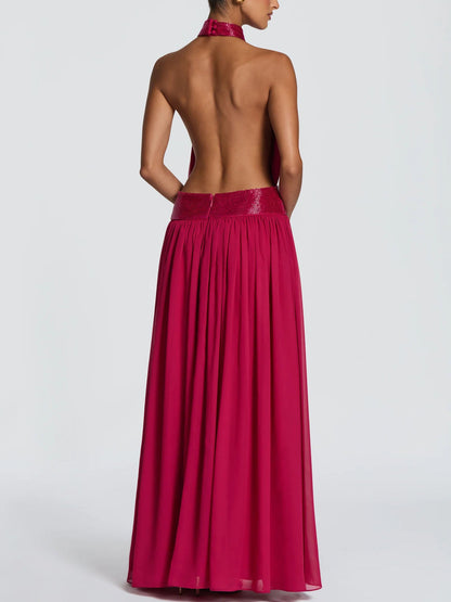 Elegant Halter Neck Sequin Chiffon Maxi Dress