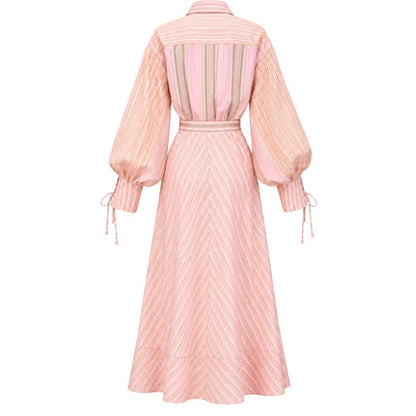 Pink Stripe Print Long Sleeve Waist Tie Maxi Shirt Dress