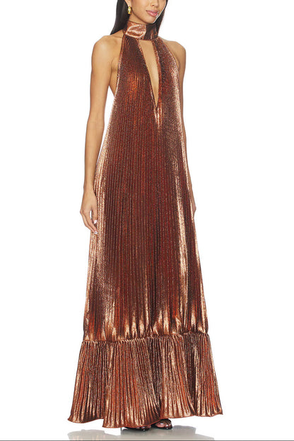 Elegant Metallic Pleated Halter Keyhole Maxi Dress