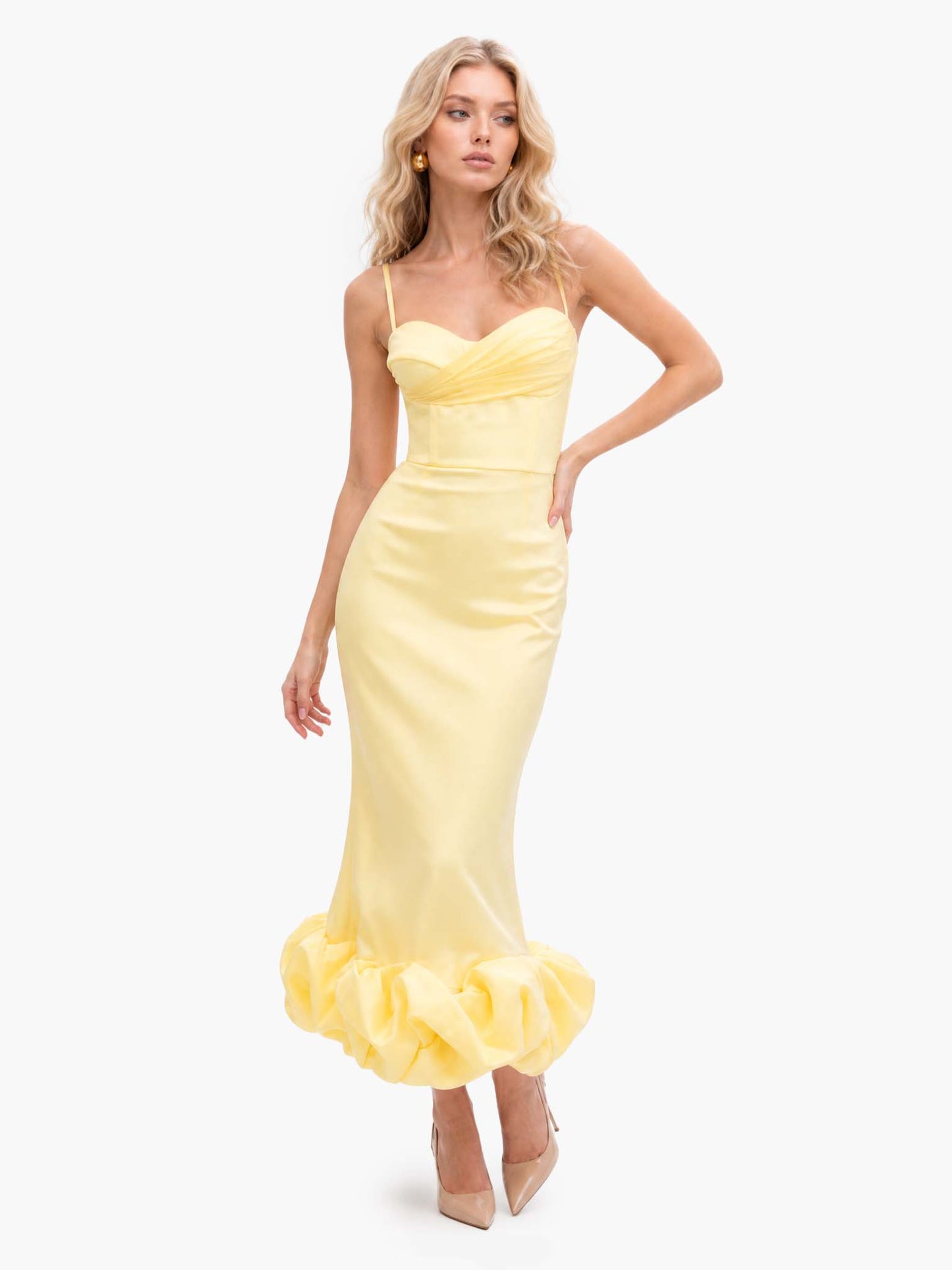 Elegant Sweetheart Ruffle Hem Satin Maxi Dress